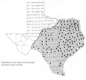 map of distribution of nutria in Texas